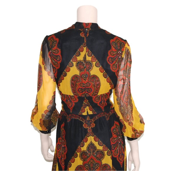 Paisley balloon sleeve dress, Vintage 60s maxi,  yellow & black gown 70s goddess - Picture 7 of 8